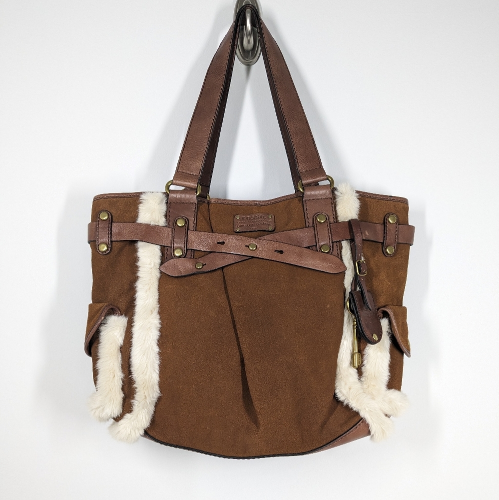 Fossil, Cowhide Shoulder Bag with Faux Fur Trim